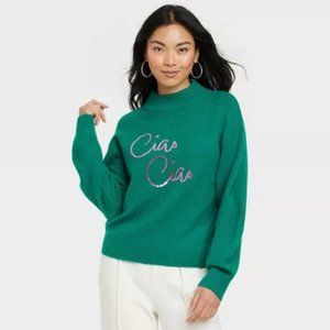 Women's Green Crewneck Graphic Pullover Sweater - A New Day